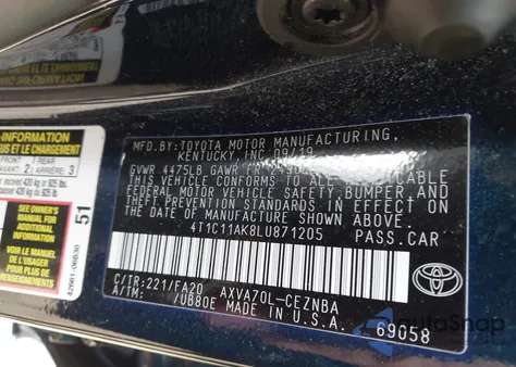 2020 Toyota Camry Le z USA, uszkodzony, nr VIN 4T1C11AK8LU871205